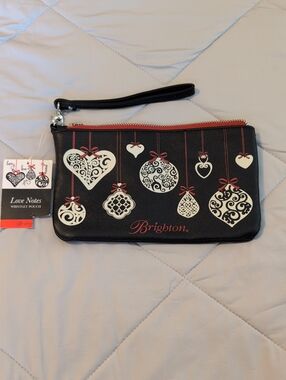 Brighton Love Notes Black Wristlet Pouch with White Ornament Accents